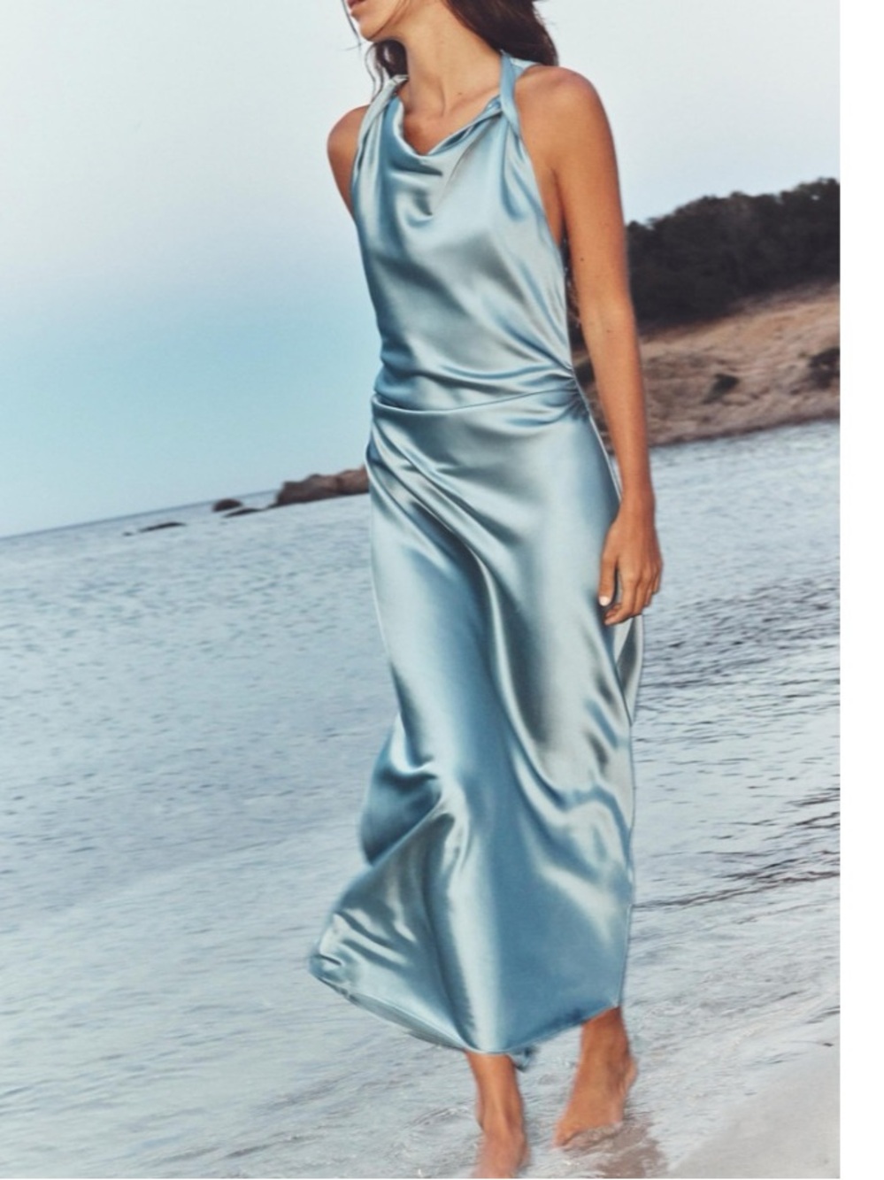 Zara Satin Maxi Dress in Light Blue Women’s Size S Gathered Side Waist Draping